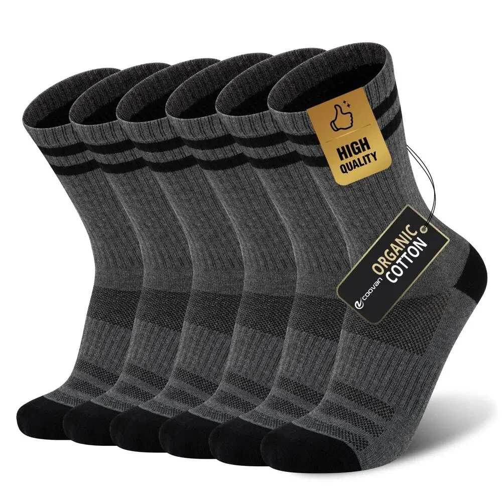 COOVAN 6 Pairs Mens Crew Socks Cotton Athletic Work Running Boot Breathable Gray